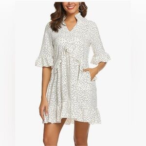NWT Naggoo V-neck Ruffle black/white polka dot pocket loose swing dress size S